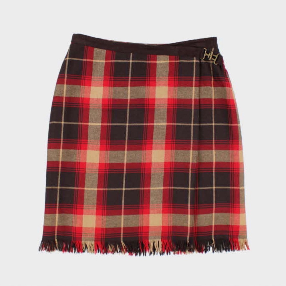 Vintage 90s Cleo Checked Wool Blend Skirt 10 Petite 
Faux suede trim